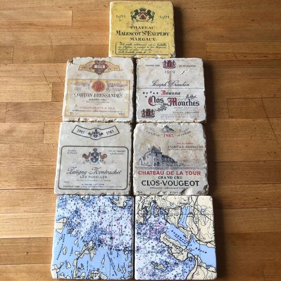 Set of 7 Square Natural Stone Marble Coasters French Wine Labels Maps 4"x4" - Picture 1 of 11